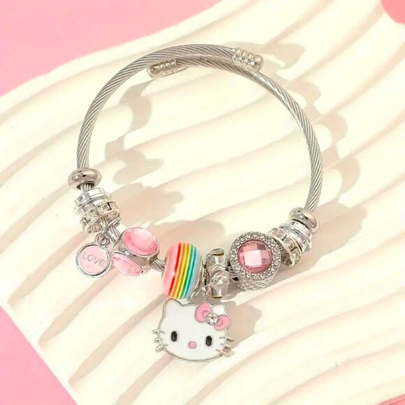 Hello Kitty Charm Bracelet Sanrio Rhinestone Rainbow Emo Beads Rave Trendy Style - Picture 2 of 4